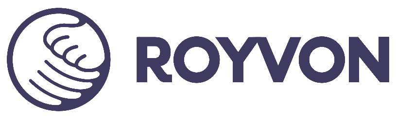 Royvon Logo - White logo with a stylized outline of a dog's face in a circle to the left, and the word "ROYVON" in bold, uppercase letters to the right, all on a light gray background perfect for a professional dog trainer or dog boarding service.
