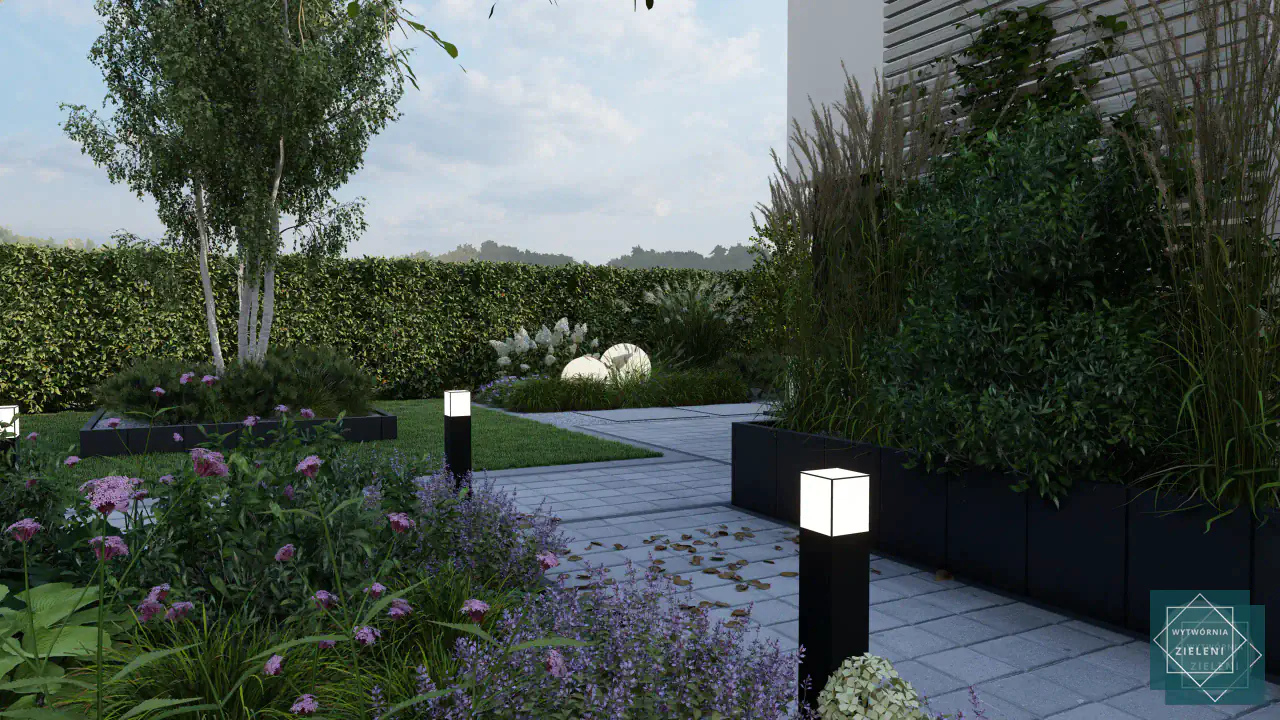Modern garden pathway with LED lighting, purple flowering perennials, and evergreen screening creating sophisticated evening landscape design.