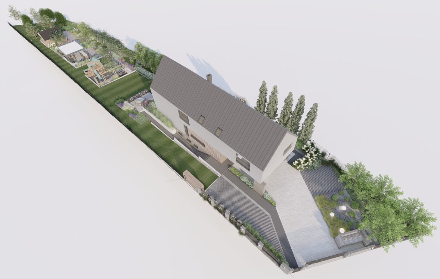 Projekt ogrodu na długiej działce 1530 m² z przekątnymi rabatami i warstwową roślinnością