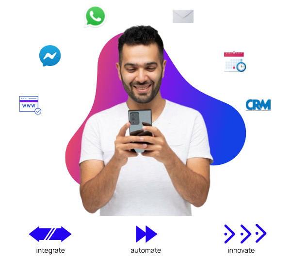 An image depicting a young man in a studio setting, using a phone. The image represents the themes of people, communication, technology, and mobile apps, which align with the product offered by ChatBotz.ai