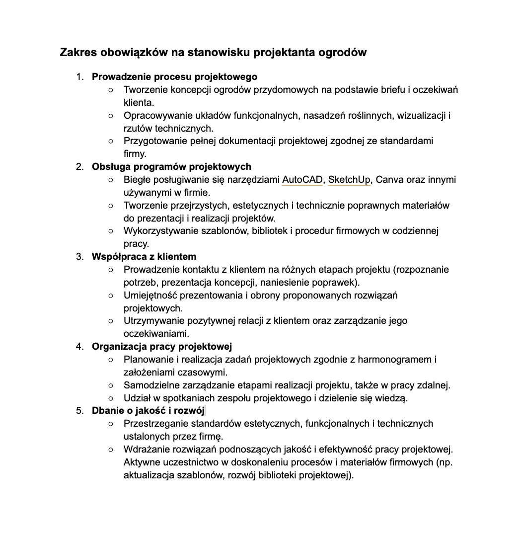 Przykładowy zakres obowiązków stanowiskowych