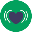Representing emotional enrichment - A dark purple heart with white curved lines on each side, symbolizing a heartbeat, is centered on a green circular background an emblem reflecting Royvon’s dedication to compassionate dog boarding and expert dog trainer services.