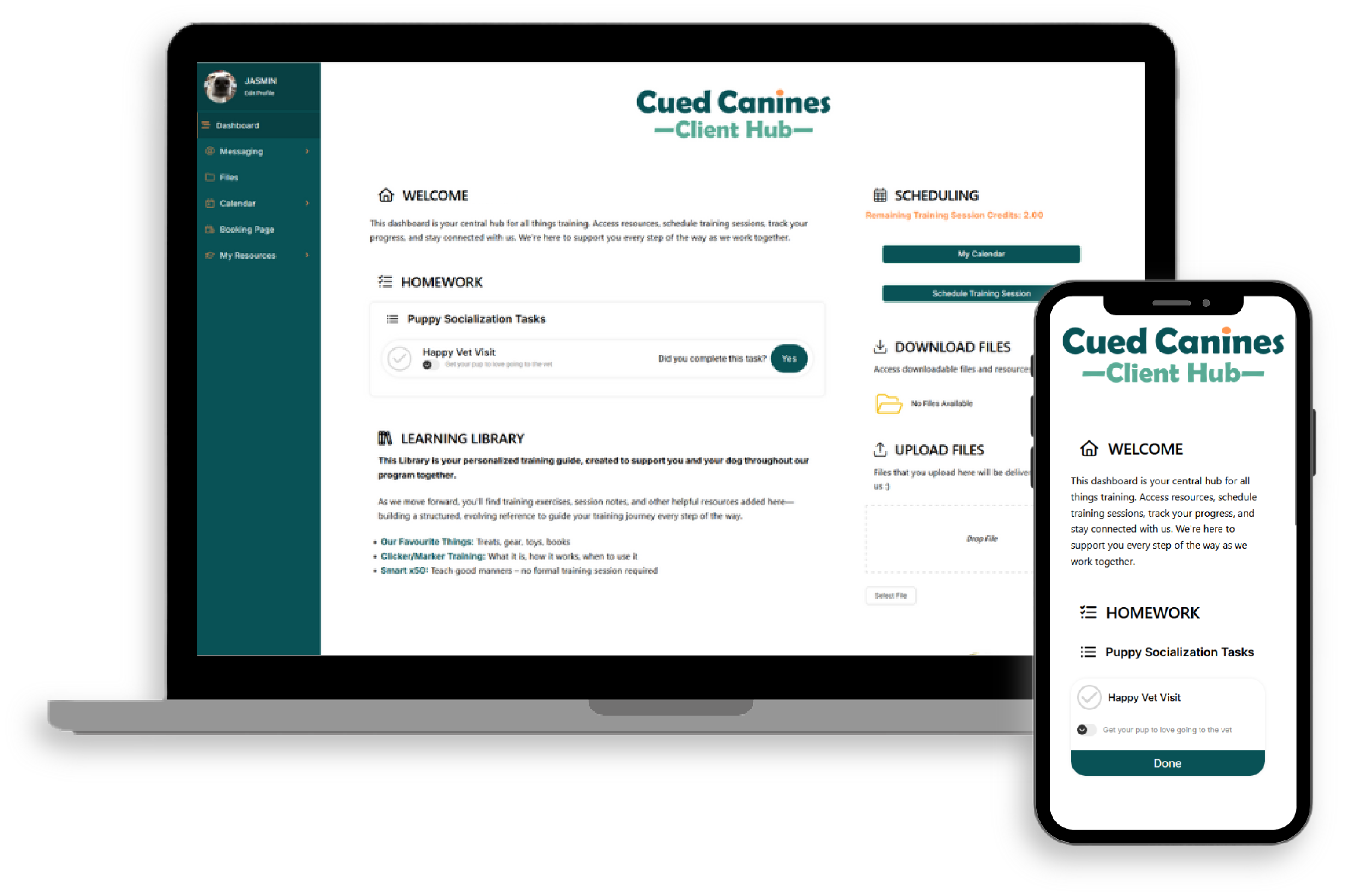 The Cued Canines Client Hub dashboard shown on a laptop and a smartphone screen