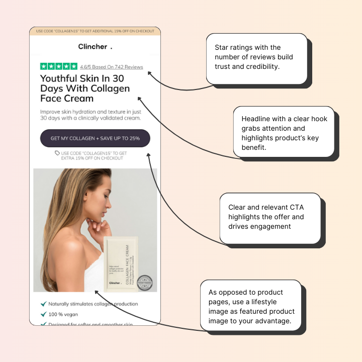 👉 First viewports properly utilizes crucial sections such as star ratings, clear hook, relevant CTA and a featured lifestyle image. Some practices differ from regular product pages.