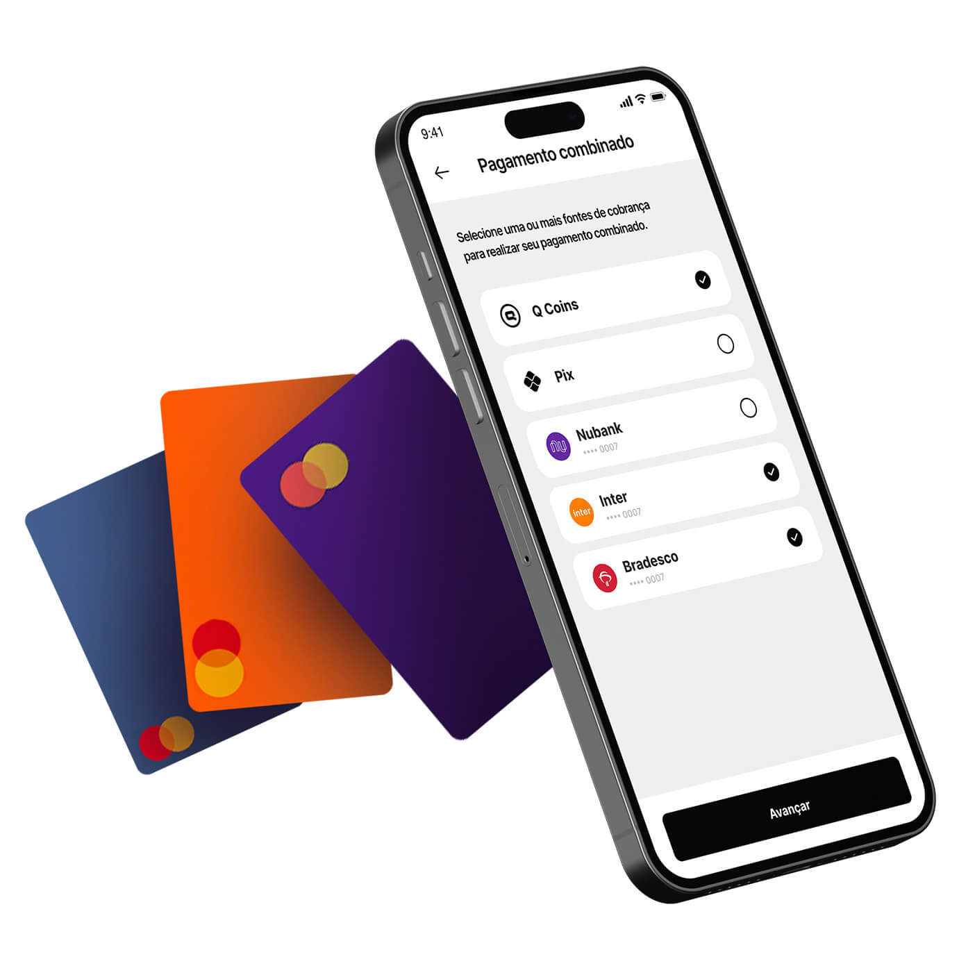Telefone celular mostrando a tela de seleção de fontes de cobrança com três cartões de crédito atrás dele.