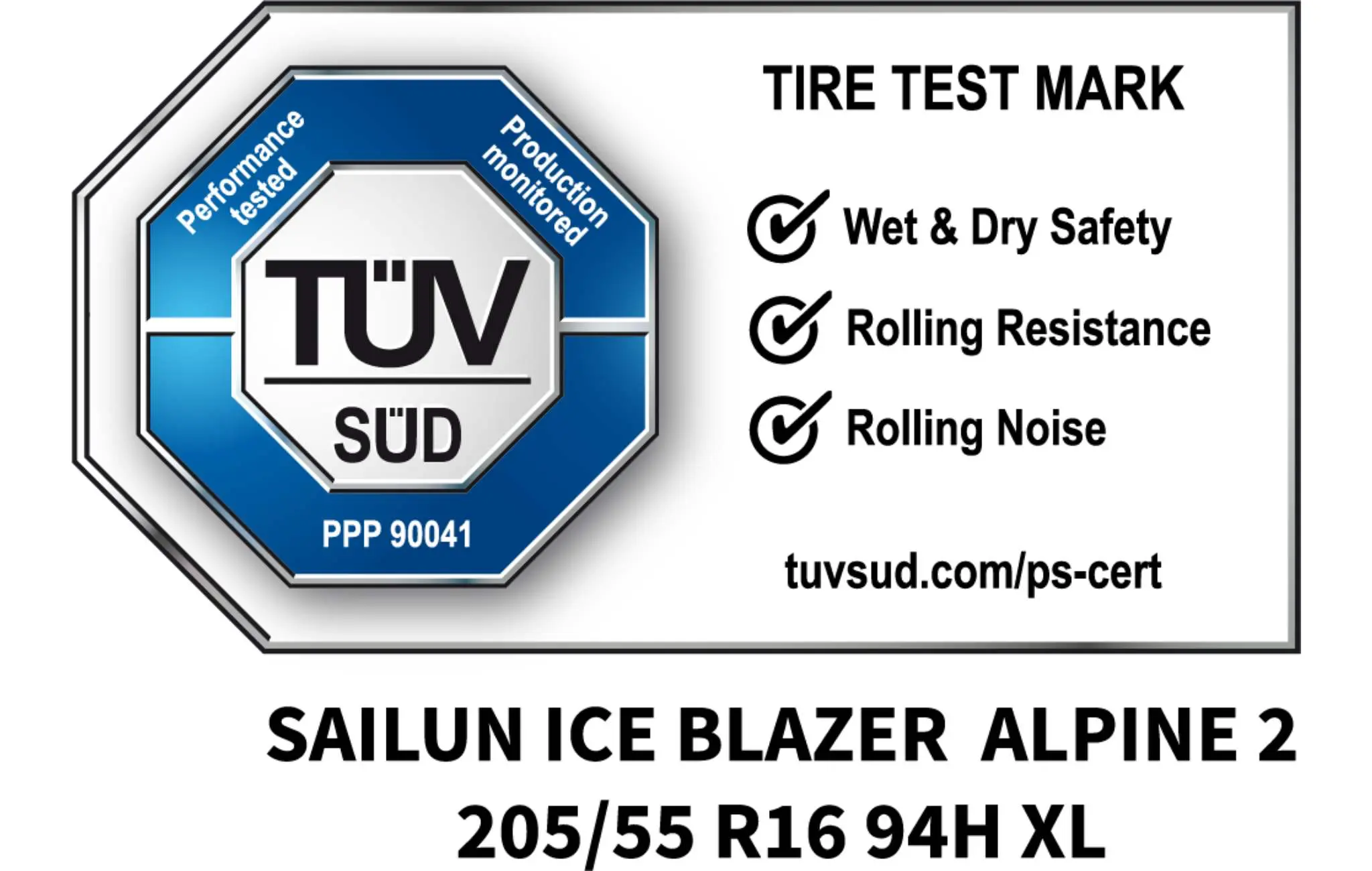 Model w rozmiarze 205/55 R16 94H XL został przetestowany przez TÜV SÜD