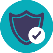 Representing Cognitive enrichment - A dark blue shield icon with a white circle and blue check mark in front, set against a teal circular background ideal for representing trusted dog trainer or dog boarding services.