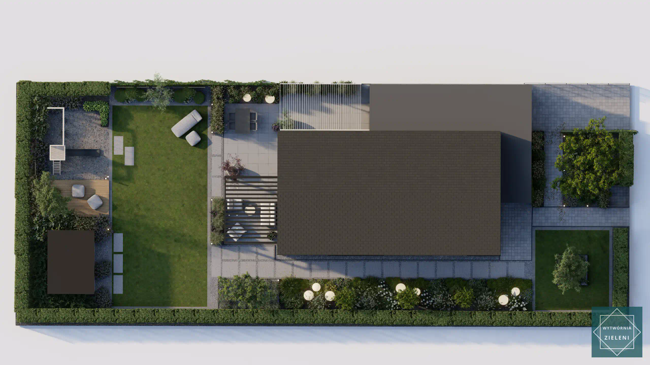 Długi ogród 800 m² w Łodzi podzielony na cztery strefy z pergolami jako przejściami