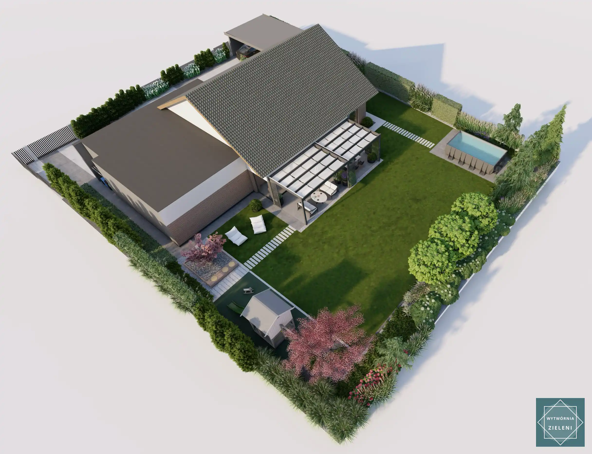 Widok z góry na zrealizowany projekt ogrodu
