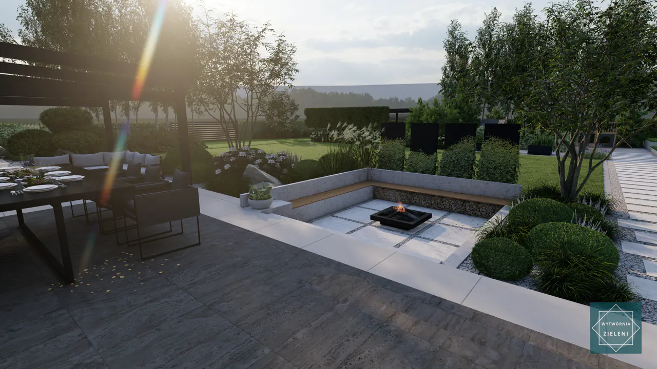 Bukszpany jako ozdobne zimozielone formy przy palenisku