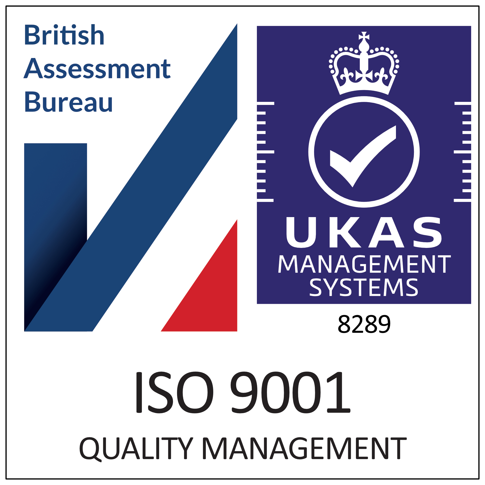 British Assessment Bureau UKAS ISO 9001 certification mark, certificate 8289
