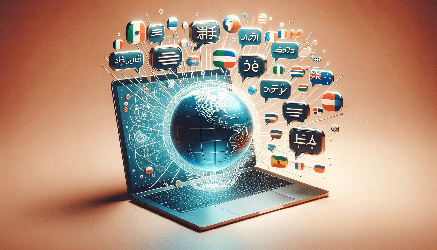 Alt-text: A laptop with a hovering globe emerging from it connected to 3D word balloons representing world languages and a multilingual website.