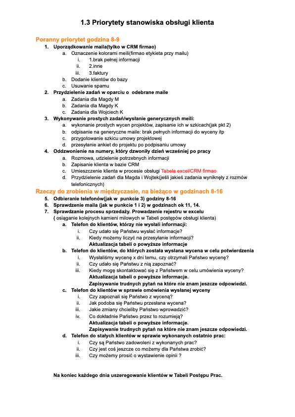 Checklista pracy stanowiska obsługi klienta
