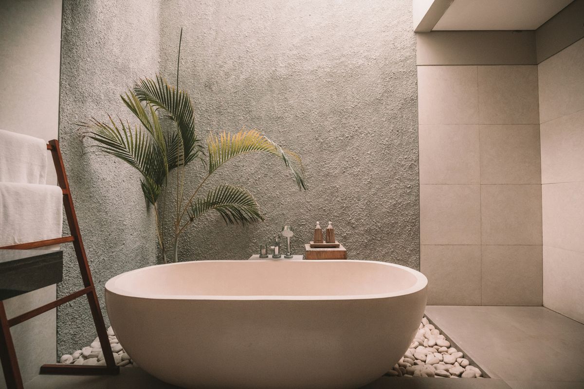 Minimalist bathroom featuring a freestanding bathtub, natural stone wall, and a small potted plant for a touch of greenery.