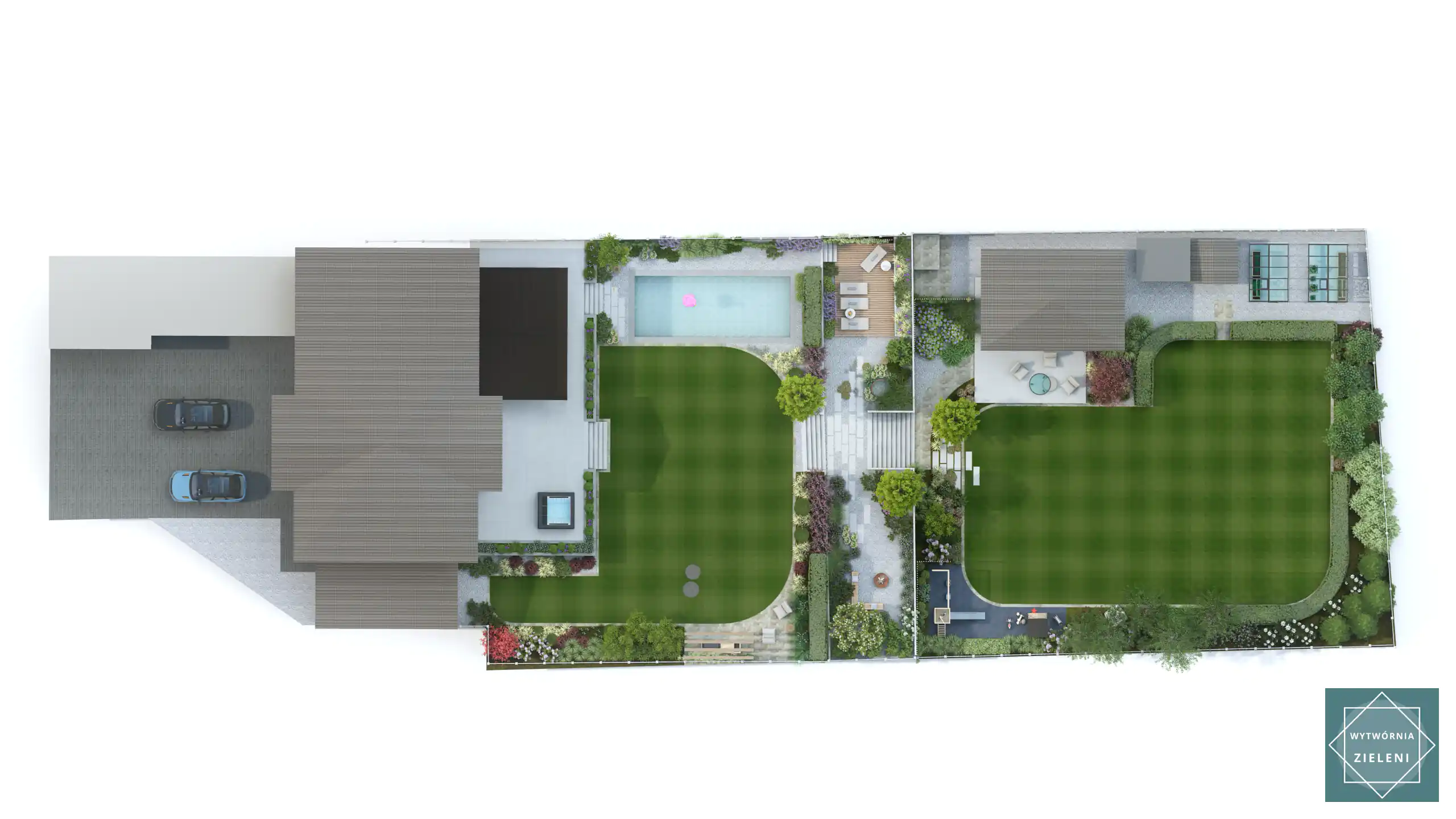 Długi ogród Lipsk 3200 m² z dwupoziomowymi tarasami i wyraźnym podziałem przestrzeni funkcjonalnych