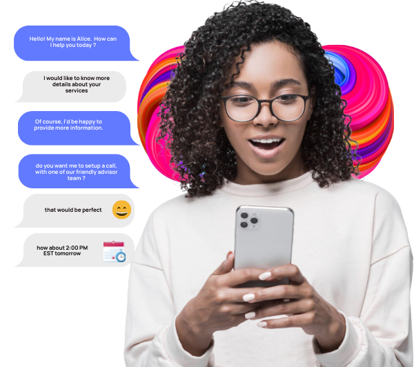 An image depicting a young woman in a studio setting, using a phone. The image represents the themes of people, communication, technology, and mobile apps, which align with the product offered by ChatBotz.ai