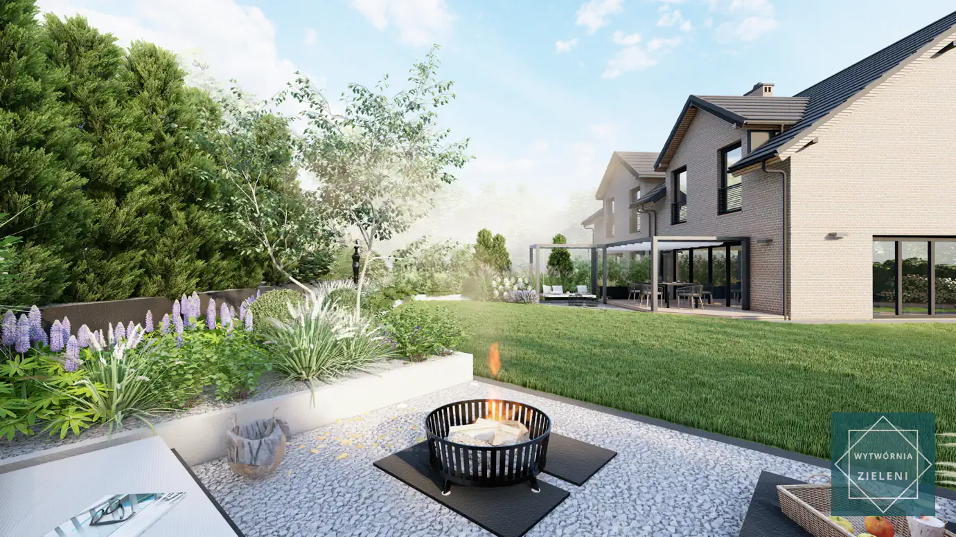 Modern outdoor terrace featuring fire pit with contemporary seating area and mixed ornamental plantings in sophisticated residential landscape design.