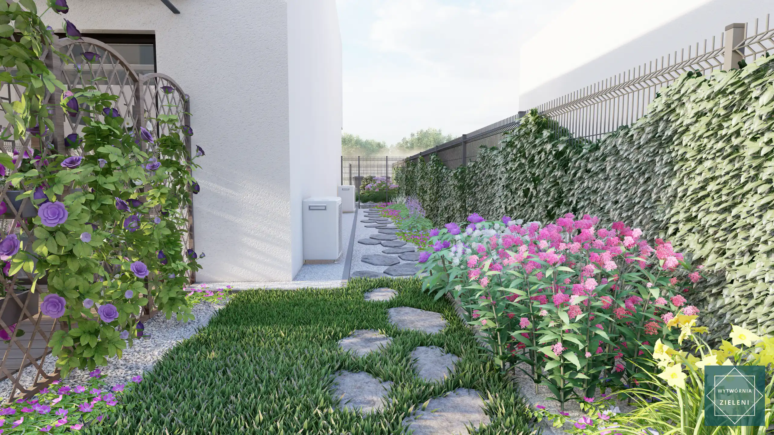 Wąski ogród Gdańsk 200 m² z drewnianą pergolą optycznie poszerzającą przestrzeń działki