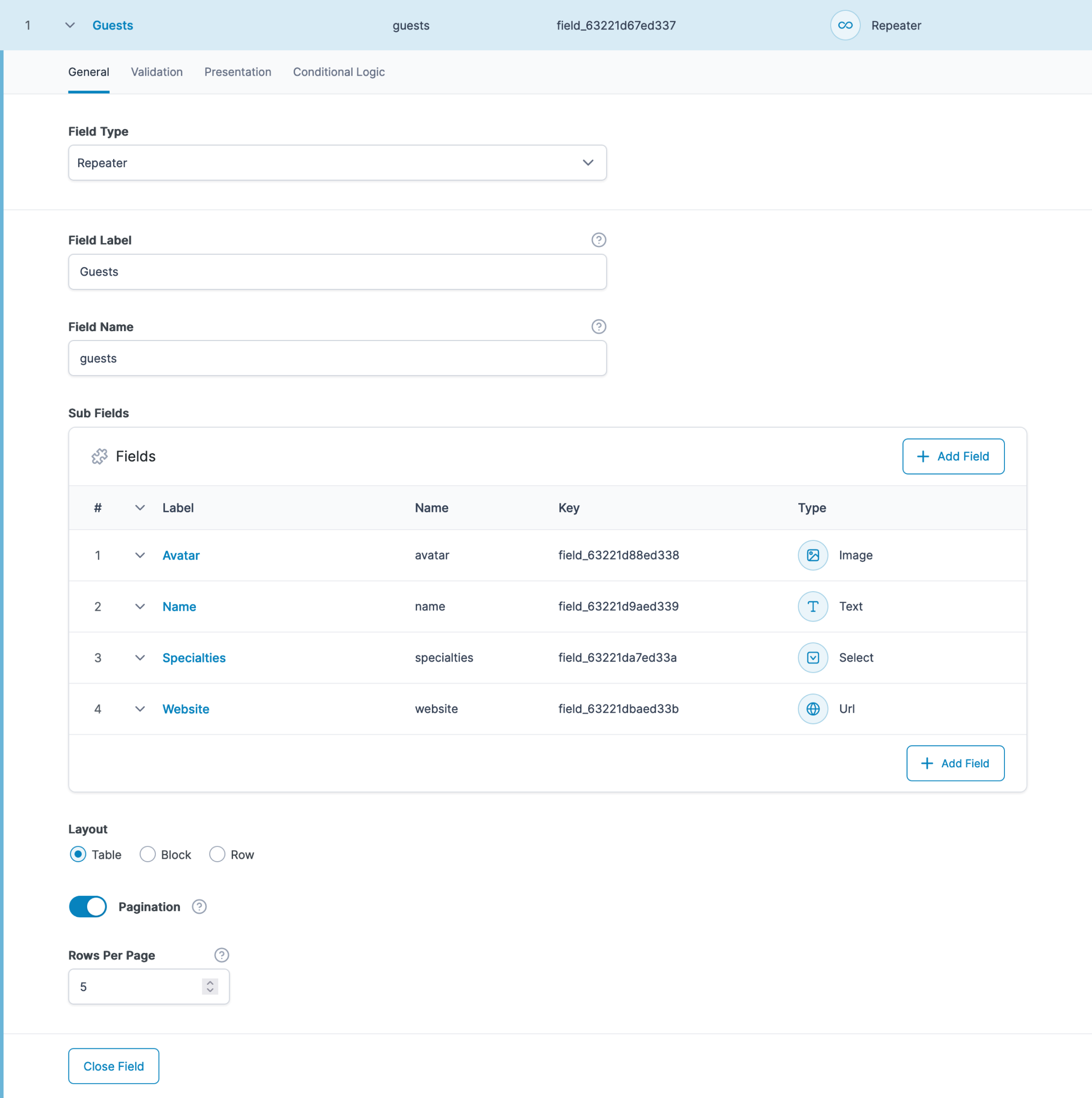 Repeater field - defining repeater sub-fields in ACF WordPress