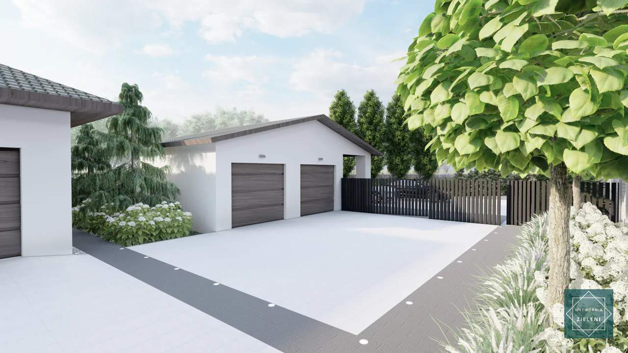 Nowoczesny podjazd z kostki ażurowej i zielenią w geometrycznych formach.