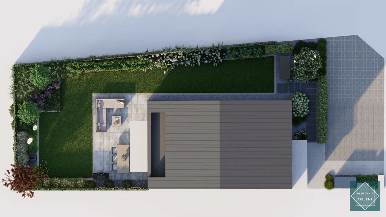 Zagospodarowanie wąskiej działki 170 m² w Reptach Śląskich z jasnymi płytami i trawami