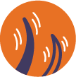 Representing social enrichment - Two dark curved shapes resembling waving hands or paws with motion lines, set against an orange circular background capturing the playful energy found at Royvon, a renowned dog trainer and dog boarding facility.