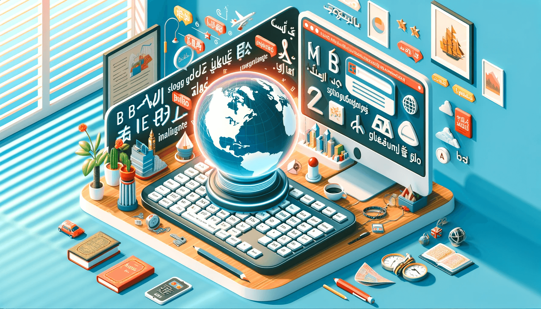 Alt-text: 3D illustration of working space with souvenirs from all over the world. Computer monitors with multilingual websites between them is a keyboard with a globe on top of it. Pastel colors bright light.