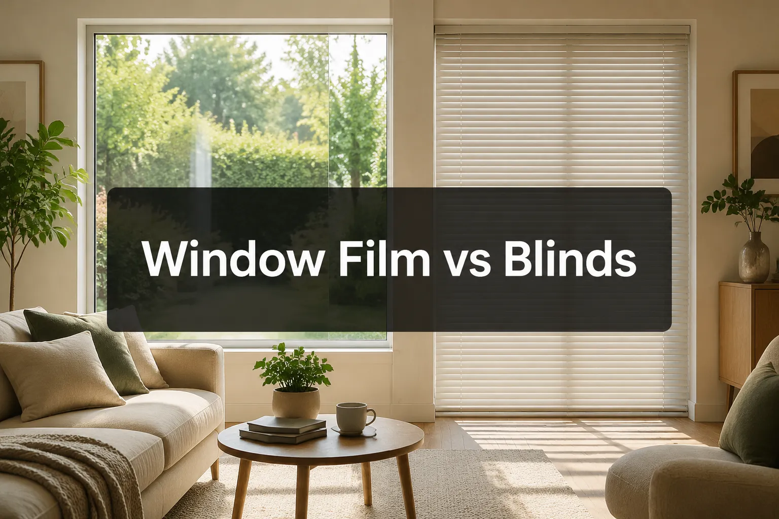 Side-by-side comparison of a living room with a large window, highlighting the difference between having window film applied on the left glass pane and traditional blinds covering the right side